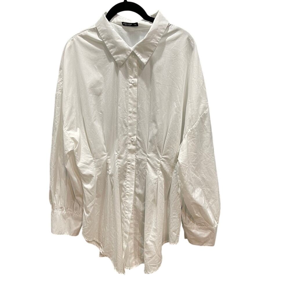 White Cinched Pleated Button Down Women's Dress Shirt Curved Hem 1XL Shein Curve